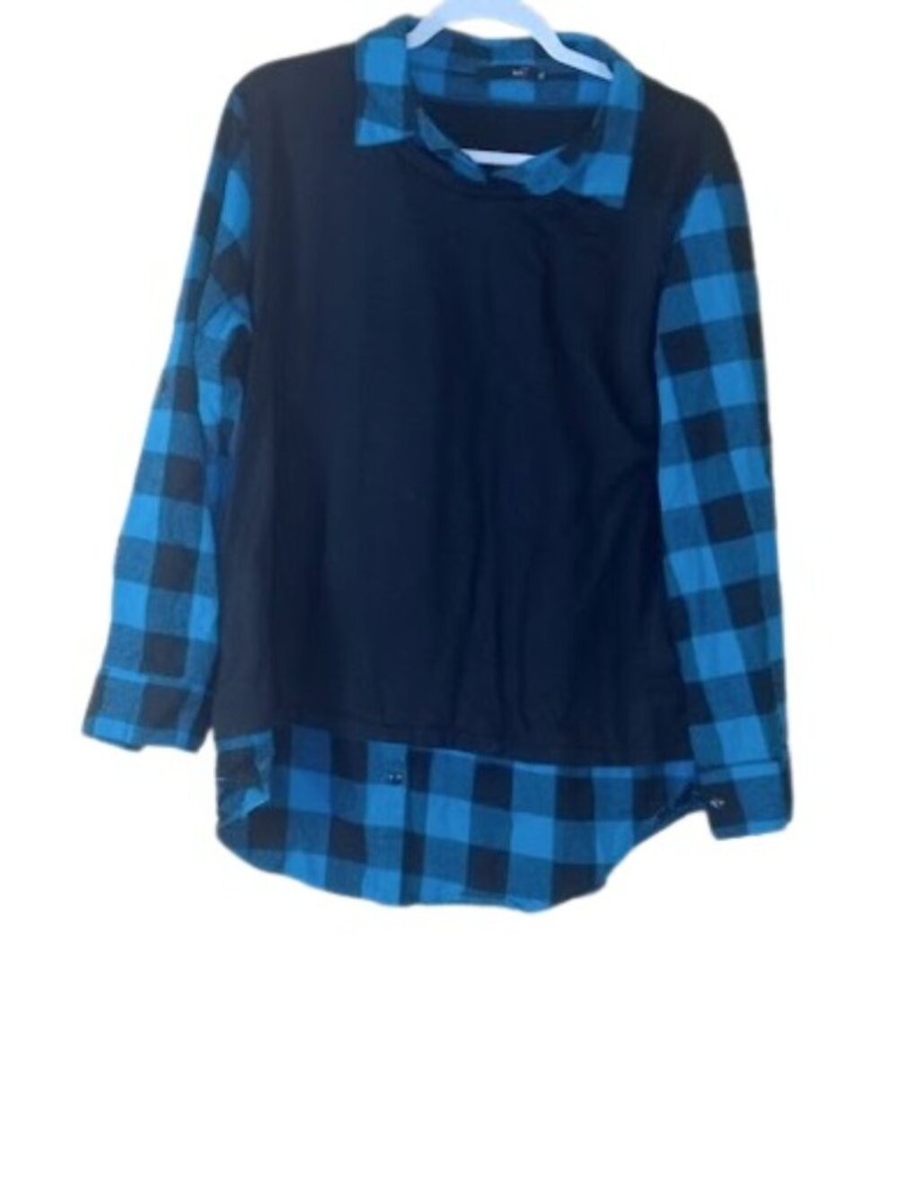 DJT Womens Layered Twofer Shirt Black Blue Flannel Knit XL